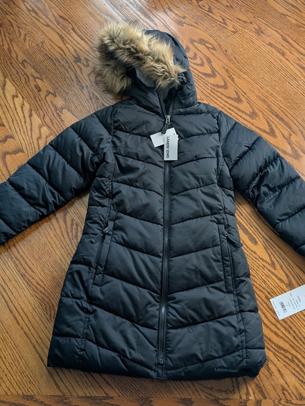 New! Lands' End Girls Black Quilted Puffer Coat w/Faux Fur Hood Size small 6-7